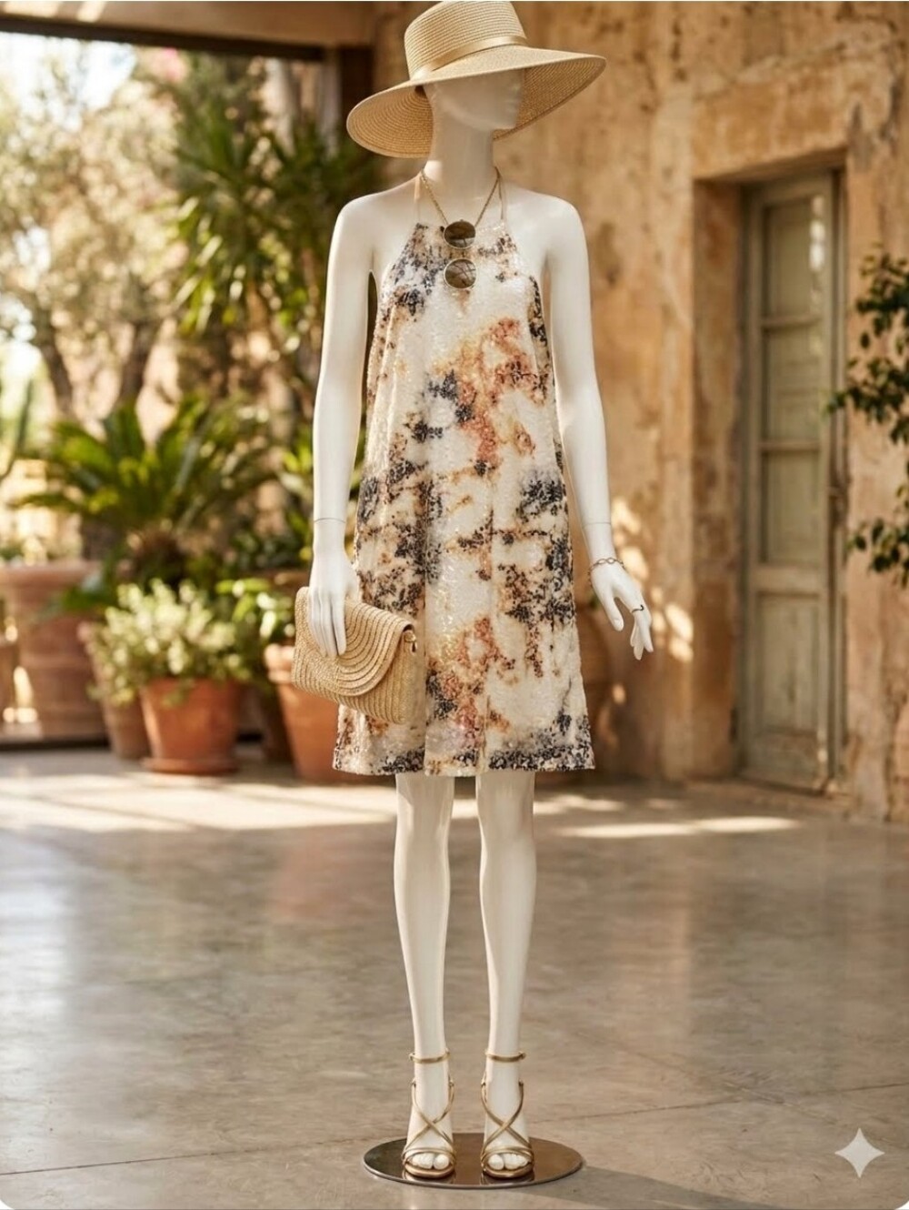 Guess Halter Mini Dress in Cream with Brown & Black Watercolor Print